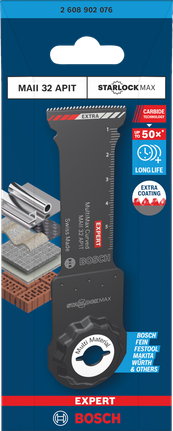 „Bosch EXPERT MAII 32 APIT MetalMax“ įgilinamo pjovimo ašmenys įvairioms medžiagoms pjauti.